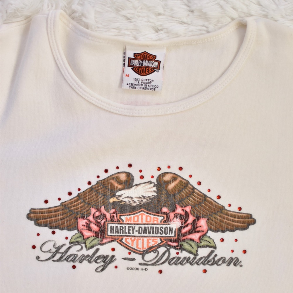 Harley Davidson Rhinestone Eagle Rose Print Tee - Picture 4 of 8